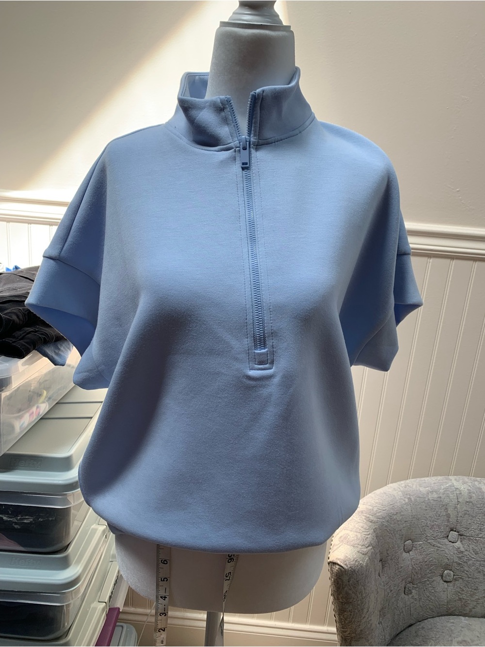 Women's Light Blue Half-Zip Short Sleeve Sweatshirt